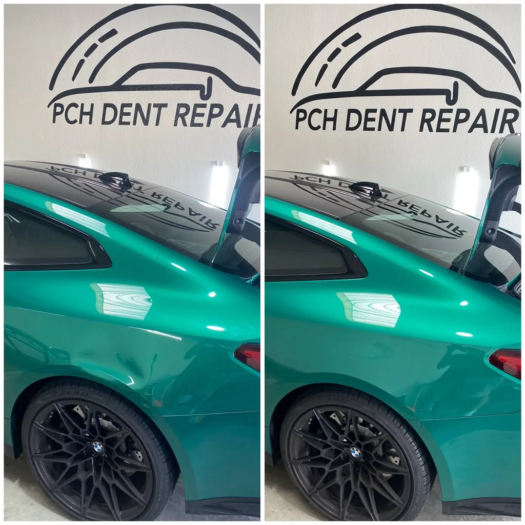 Green BMW rear quarter panel dent, before and after paintless dent repair