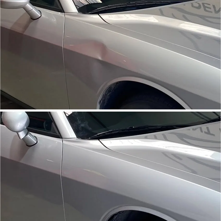 Silver car front fender dent, before (top) and after (bottom)