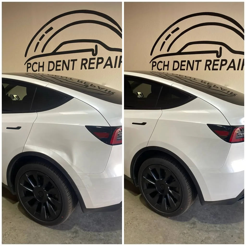 White Tesla Model Y rear quarter panel dent, before and after