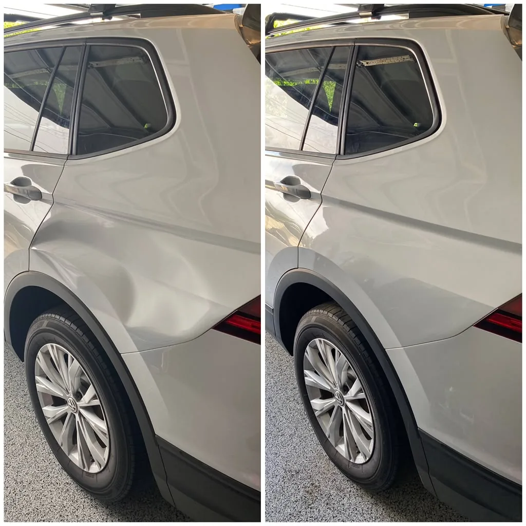Silver Volkswagen SUV rear door and quarter panel dent, before and after