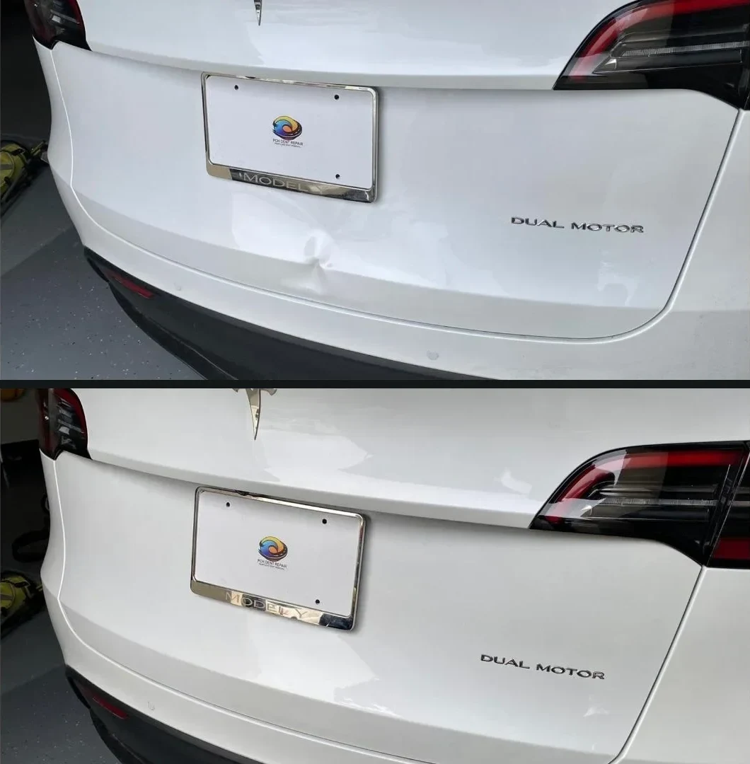 White Tesla rear hatch dent, before and after