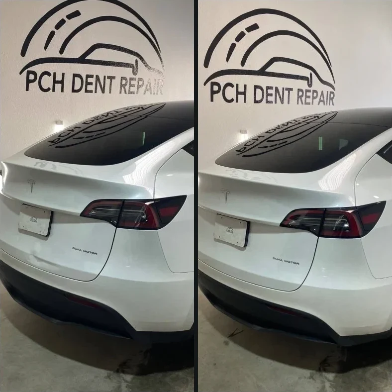 White Tesla Model Y rear quarter, before and after