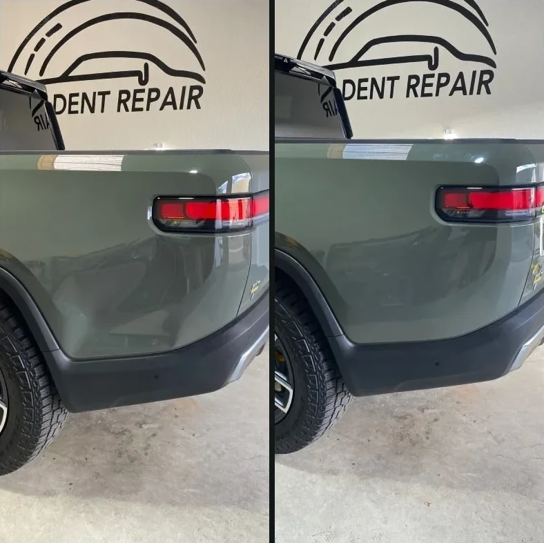 Green Rivian rear panel dent, before and after