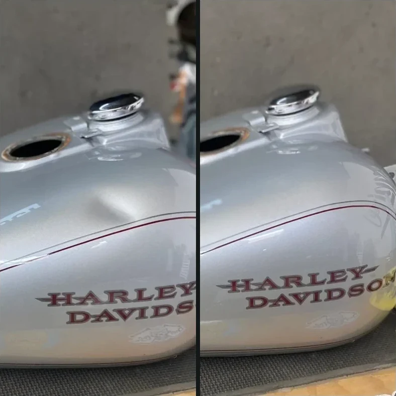 Silver Harley-Davidson fuel tank dent, before and after
