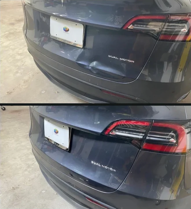 Dark Tesla rear hatch dent, before and after