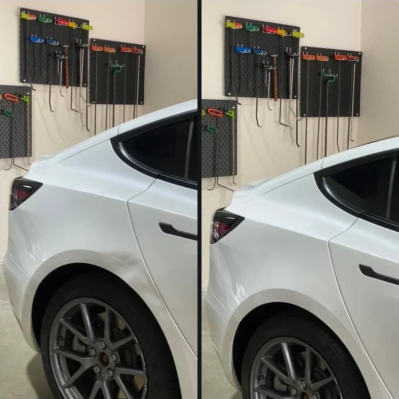 White Tesla Model Y side panel, before and after