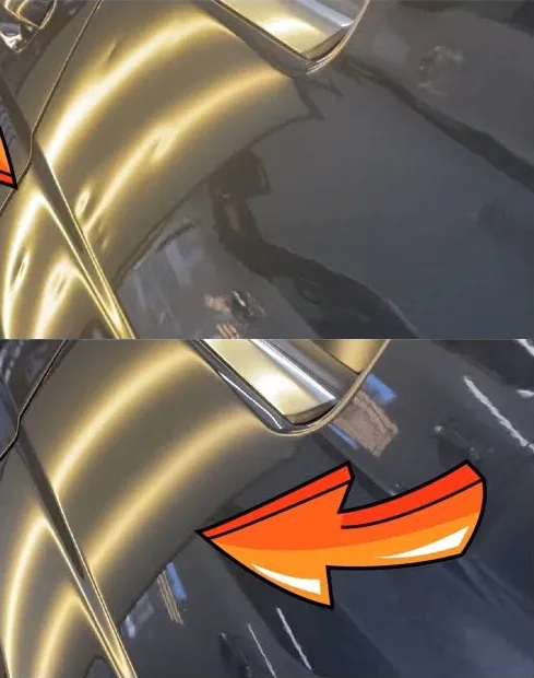 Hail dents on a dark Mercedes-Benz fender, before and after paintless repair