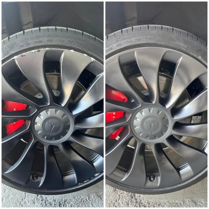 The left photo shows scuffed areas around the outer edge of a dark Tesla wheel. The right photo shows a more uniform finish around the corresponding edge.