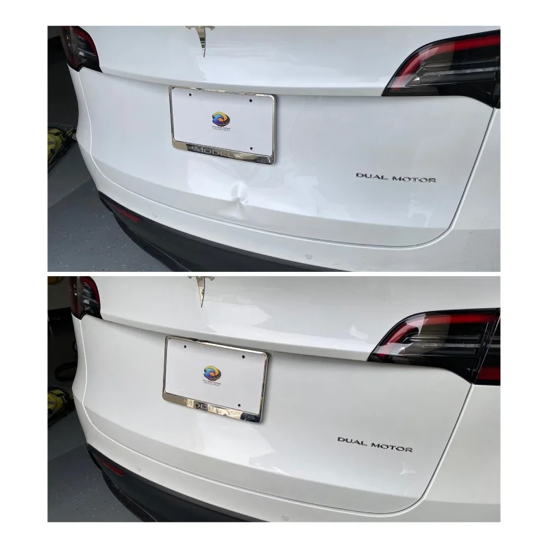 The upper photo shows a visible indentation below the number plate on a white Tesla rear hatch. The lower photo shows a smoother surface in the corresponding area.